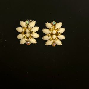 1950 Vintage Milk Glass with Rhinestones Clip on earrings set on Gold base